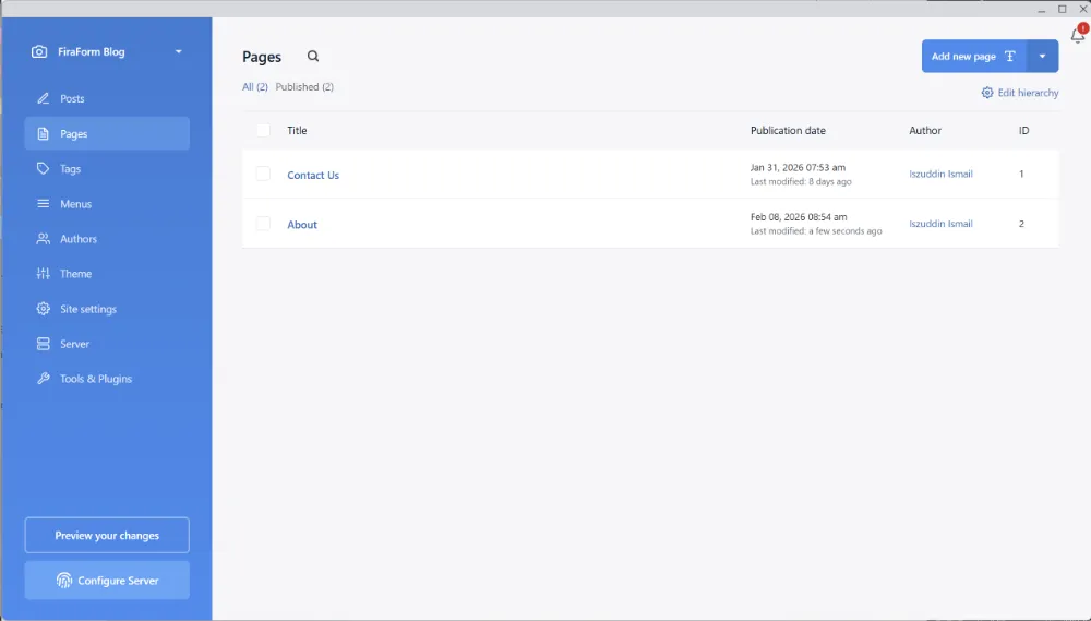 Publii Pages section