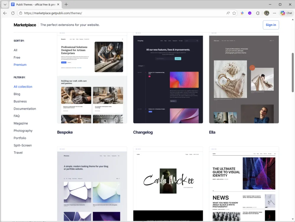 Publii theme marketplace