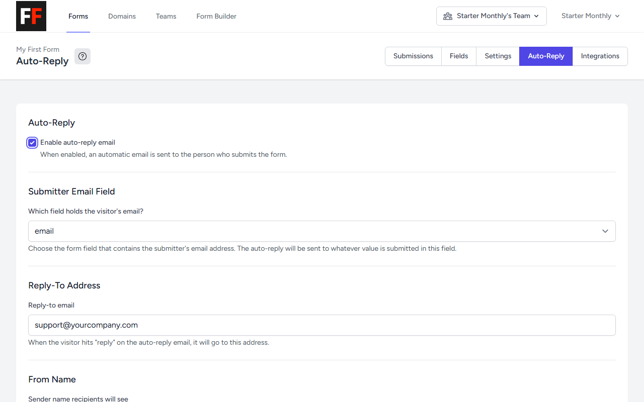 The submitter email field dropdown