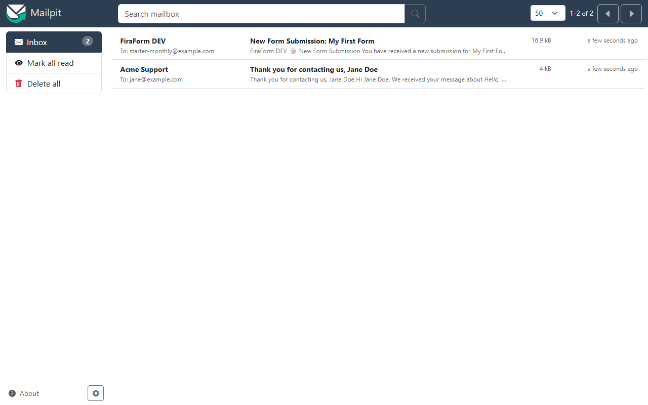 The auto-reply received in Mailpit, sent from Acme Support