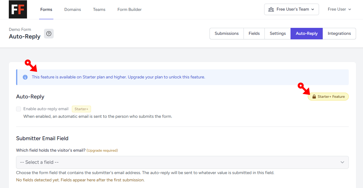 The Free plan Auto-Reply tab locked behind Starter+