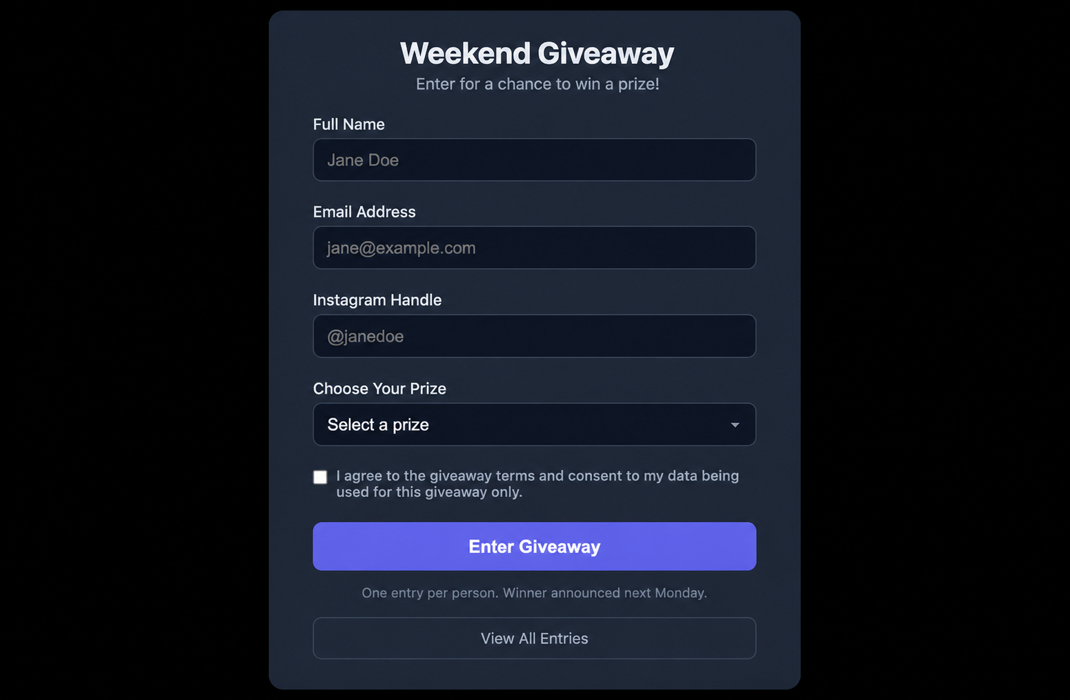 A native HTML giveaway form posting to a Pages Function.