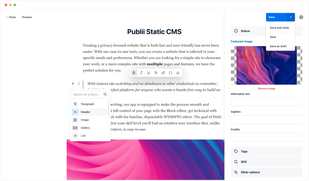 Publii CMS desktop application for creating static blogs